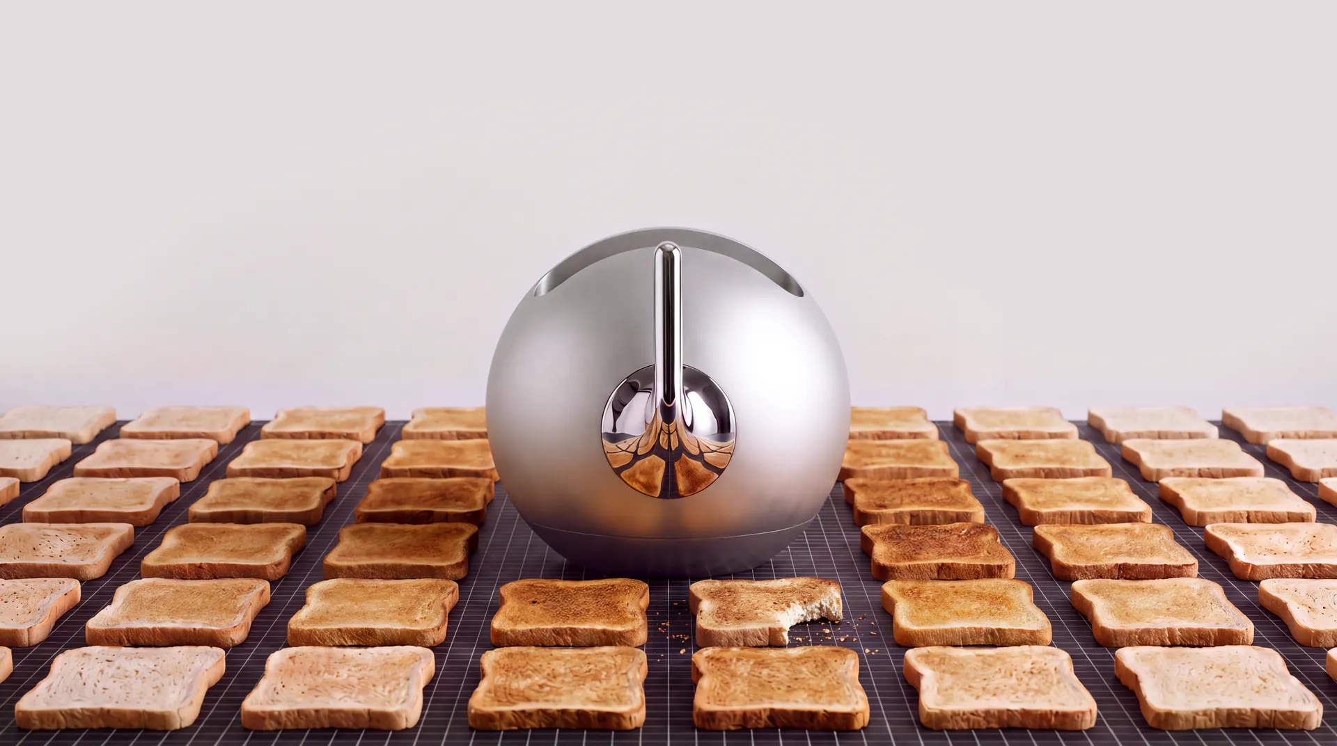 A spherical Marino toaster surrounded by a field of toast, arranged from pale to golden
